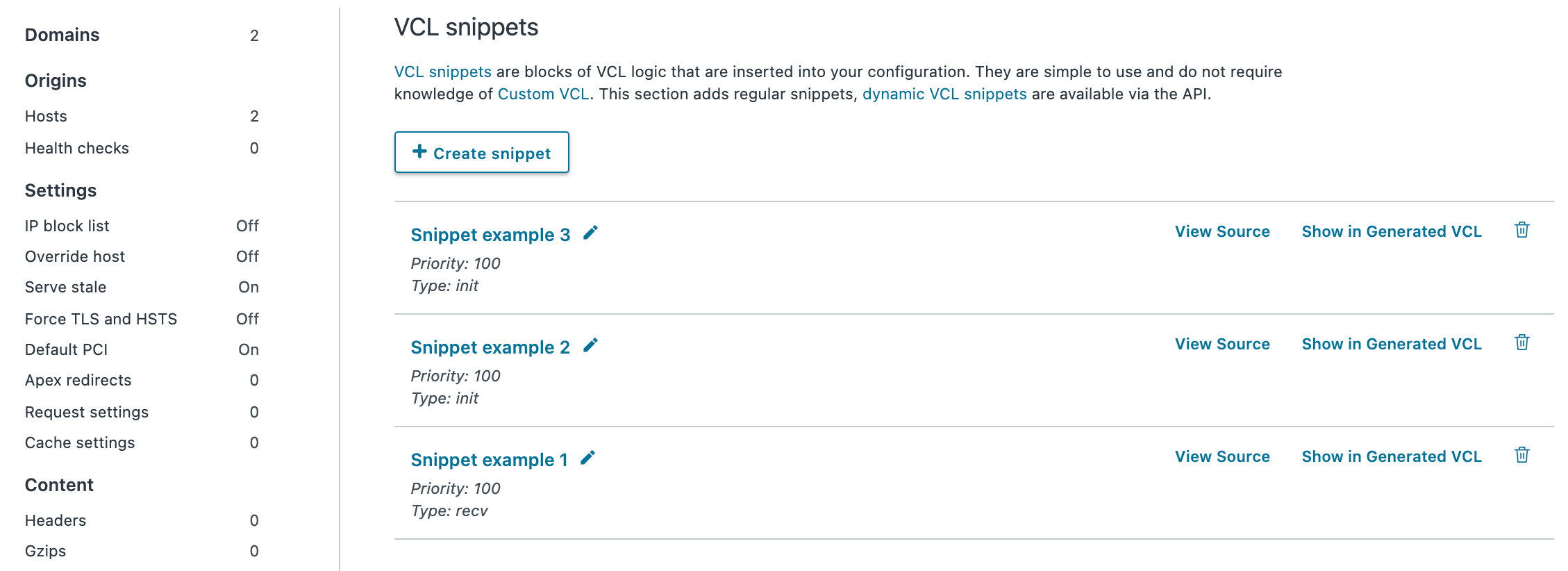サービスに付属する VCL スニペットのリストの例